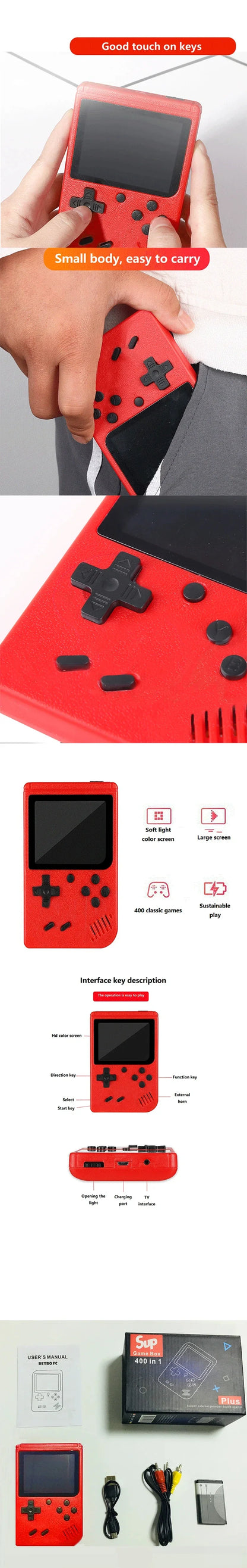 2025 A Red Retro Classic Games Children's Handheld Small Game Console With Hundreds Of Game Charging Can Be Connected To The TV Retro Classic Games (+400 Games)